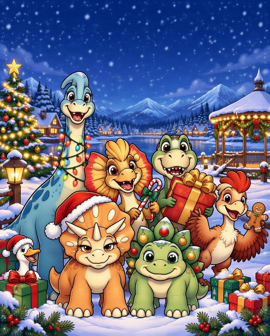 Dino-BOOM! cover: six cartoon dinosaurs and a goose in a Santa hat